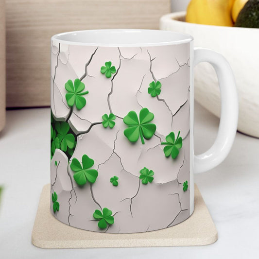 St. Patrick’s Shamrock Coffee Mug, Subtle 3D Clover Design